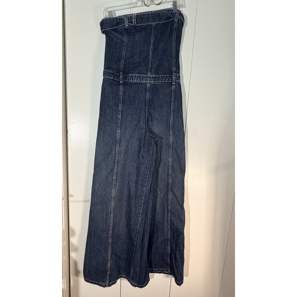 ZARA Women's L Denim Jumpsuit Wide Leg Flare Denim Strapless Buckle Detail - Picture 2 of 9